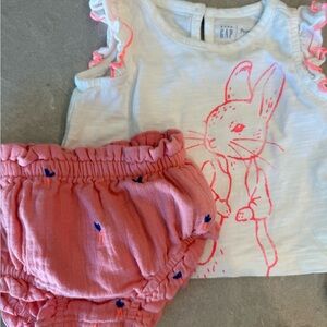 GAP White and Pink Bunny Top with Ruffle Shorts